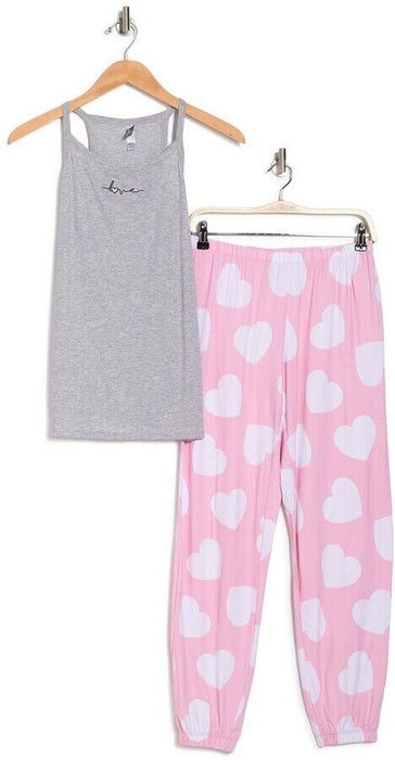 PJ Couture Printed Sleepover 2-Piece Pyjama Set Heart Print In Pink Grey Size M