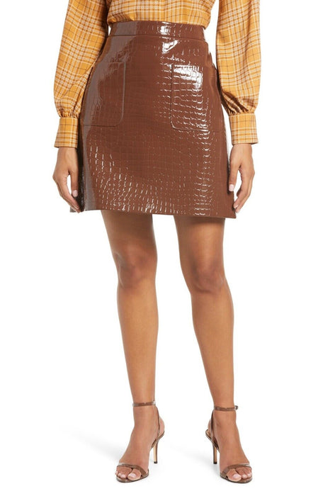 Halogen X Atlantic Pacific Croc Embossed Faux Leather Miniskirt - Brown - Large