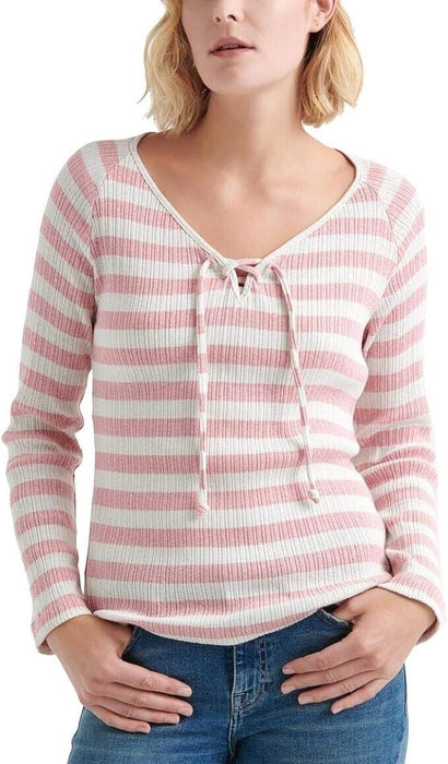 Lucky Brand Women's Lace Up Henley Top In Pink White Stripe Size M