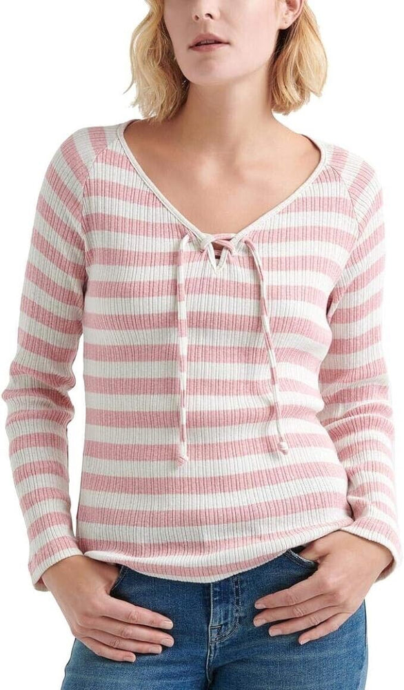 Lucky Brand Women's Lace Up Henley Top In Pink White Stripe Size M