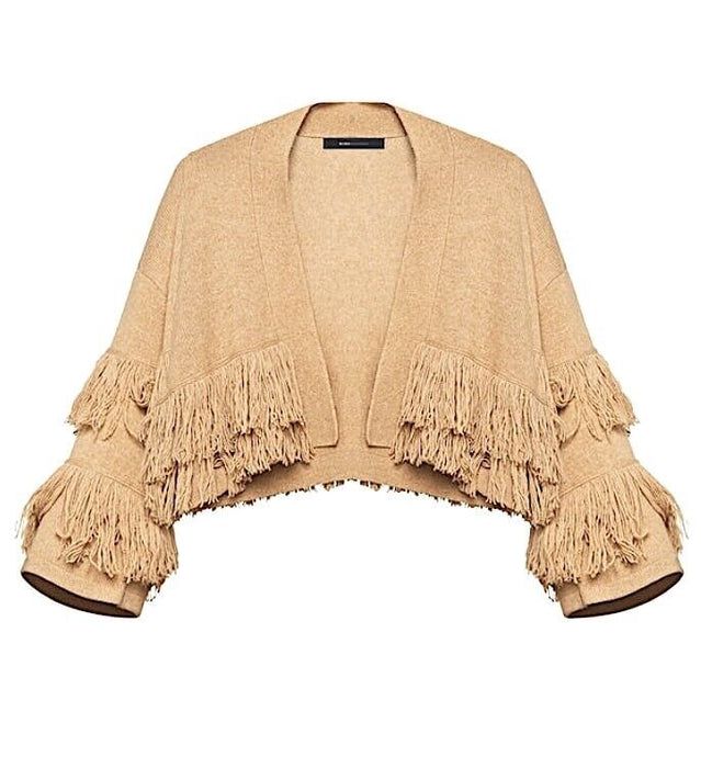 BCBGMAXAZRIA Women's Fringe Trimmed Cropped Cardigan In Camel Brown Size M $260