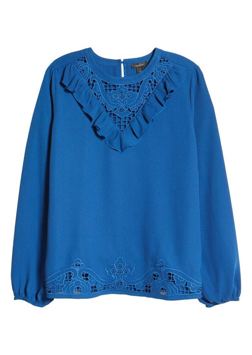 Halogen Women's Eyelet Detailing Long Sleeve Blouse Top Navy Limoges Size XS