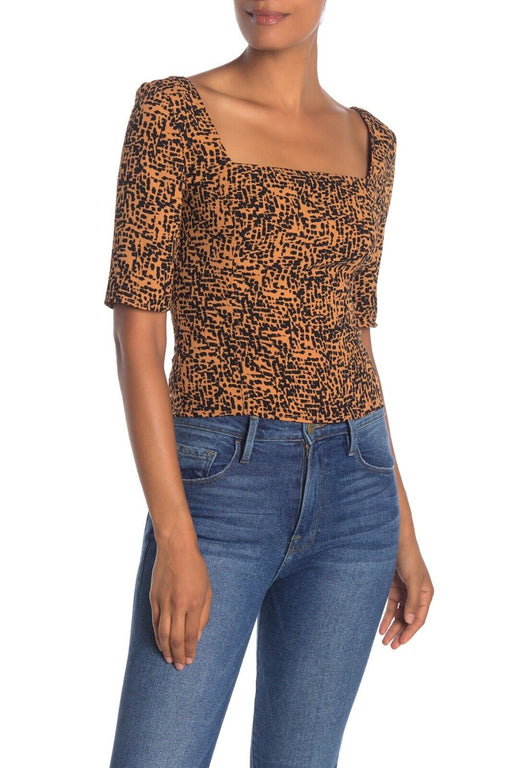 Free Press Square Neck Half Sleeve Blouse In Tan Cashew Color Geo Print Size M