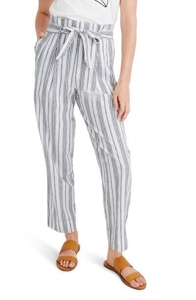 Madewell Linen-Cotton Paperbag Pants in Dark Baltic Stripe Size 6