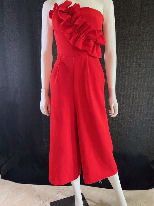 Topshop Women's Jumpsuit Ruffle Strapless Red Full Zip Size US 8