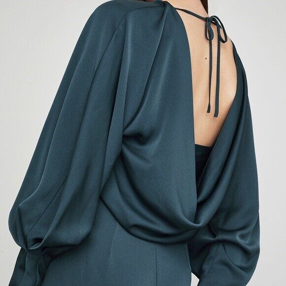 BCBGMAXAZRIA Satin Draped Back Maxi Dress In Light Carbon Blue Size 6 $428 NWT