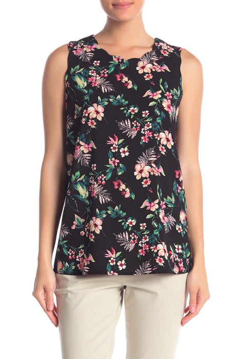 Pleione Size S Black Floral Sleeveless Scalloped Neck Top in black tropical