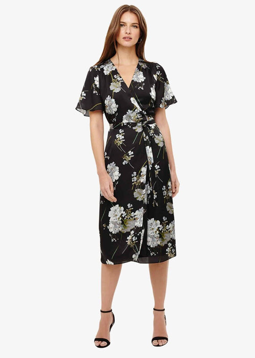 Phase Eight Tasha Wrap Satin Belted Dress In Black Floral US 12 / UK 16 $240