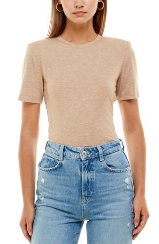 WAYF Women's Skye Padded Shoulder Short Sleeve Bodysuit Sand Beige Top Size XS