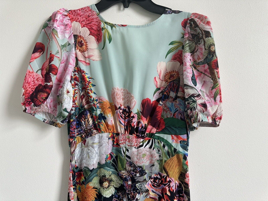 Lipsy Flora & Fauna Art Puff-Sleeve Midi Dress size 2 US