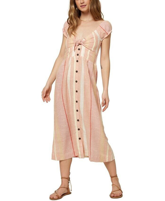 O'Neill Juniors' Elijah Tie-Front Midi Striped Button-Up Dress Size L