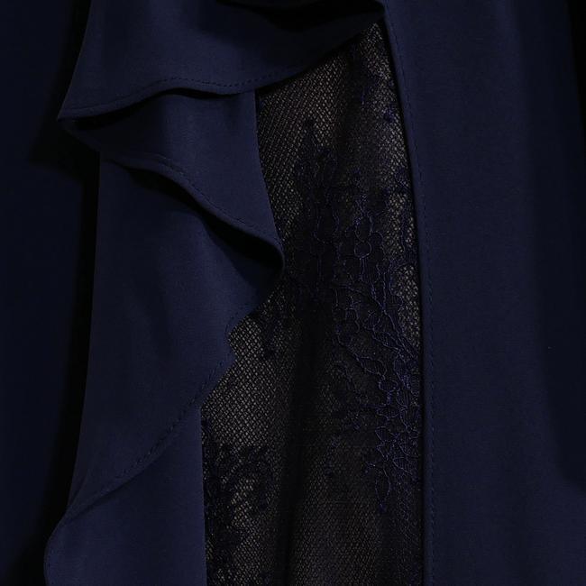 BCBGMAXAZRIA Koko Georgette Draped Sleeve Ruffle Lace Faux Wrap Gown Dark Navy 8