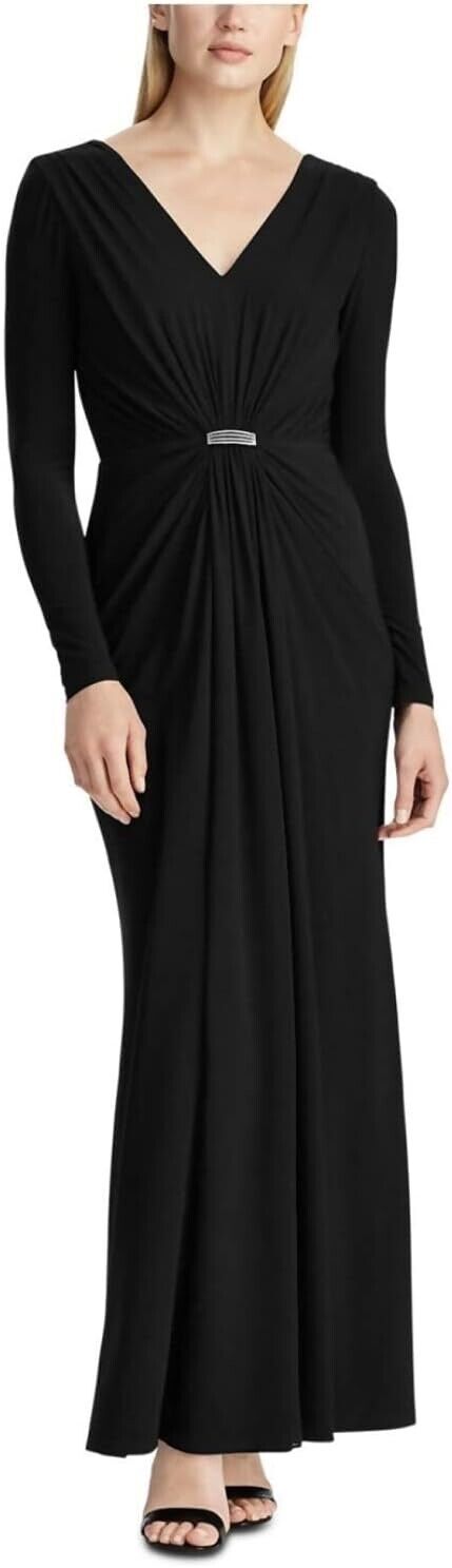 Lauren Ralph Lauren Women's Black Rhinestone Long Sleeve V Neck Maxi Fit size 8