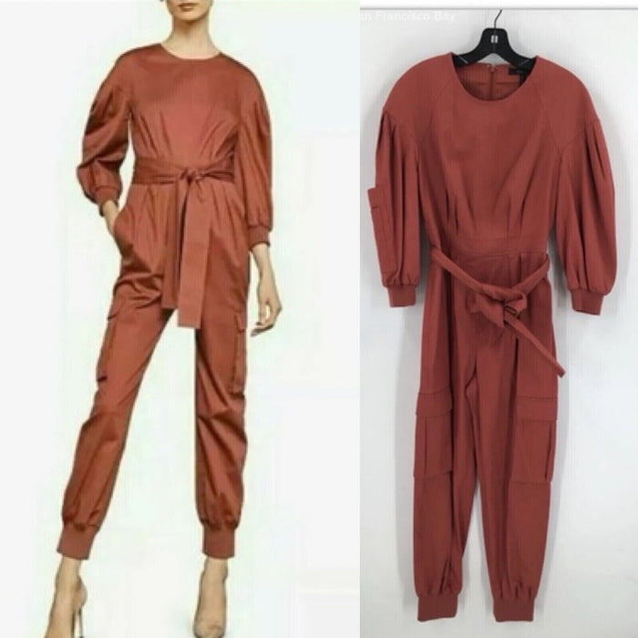 BCBGMAXAZRIA Pleated Cotton Jumpsuit Cargo Pockets Tandoori Spice Size XXS $348