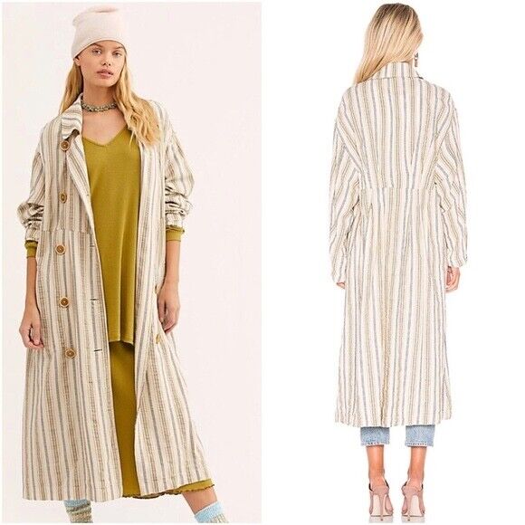 Free People Sweet Melody Natural Stripe Trench Coat  size Small  natural $198