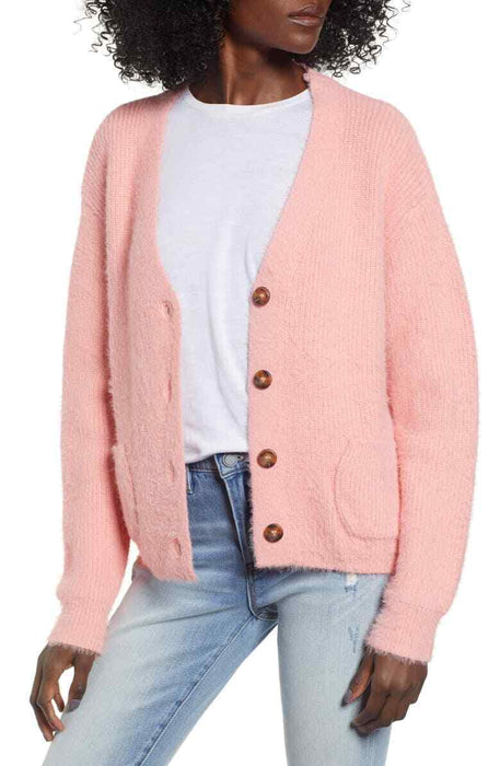 4SI3NNAI Women's Kelsey Soft Fuzzy Buttons Cardigan In Pink Geranium Size M