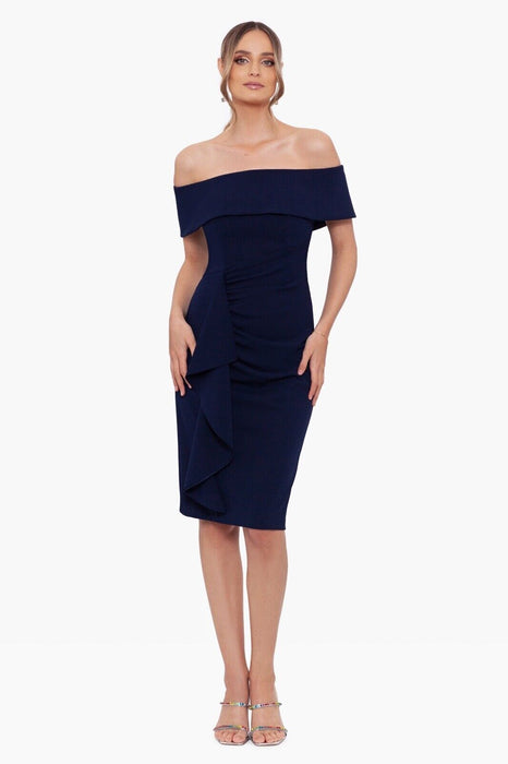 Xscape $369 Womens Wrenley Short Off The Shoulder Scuba Crepe Dress Navy Size 12