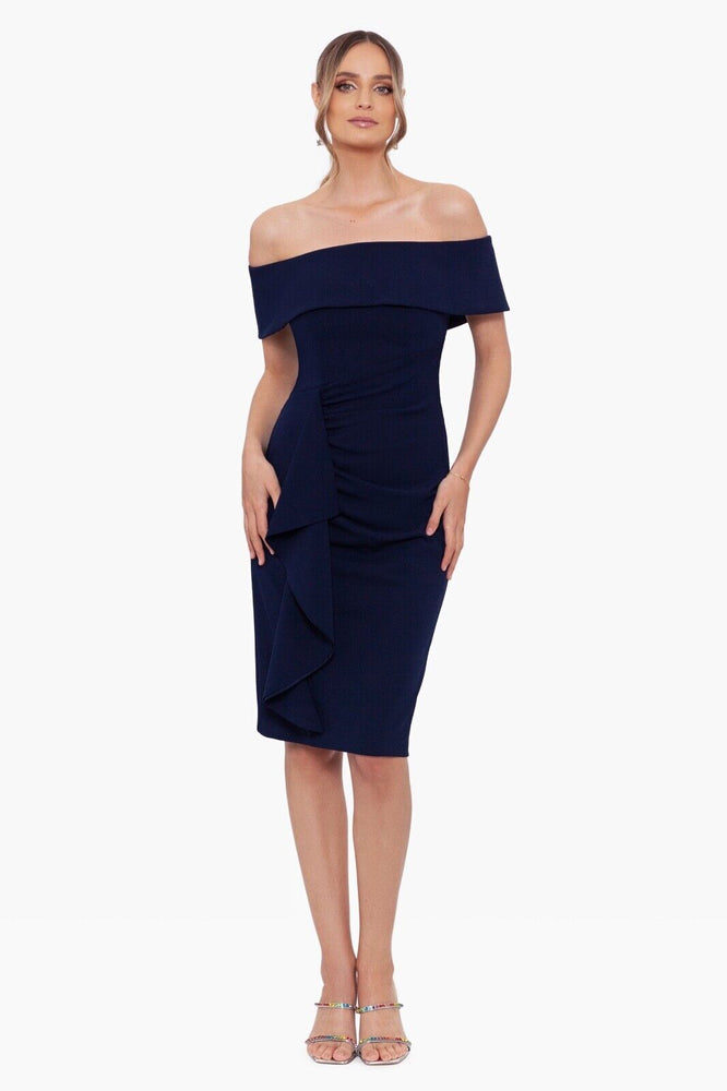 Xscape $369 Womens Wrenley Short Off The Shoulder Scuba Crepe Dress Navy Size 12
