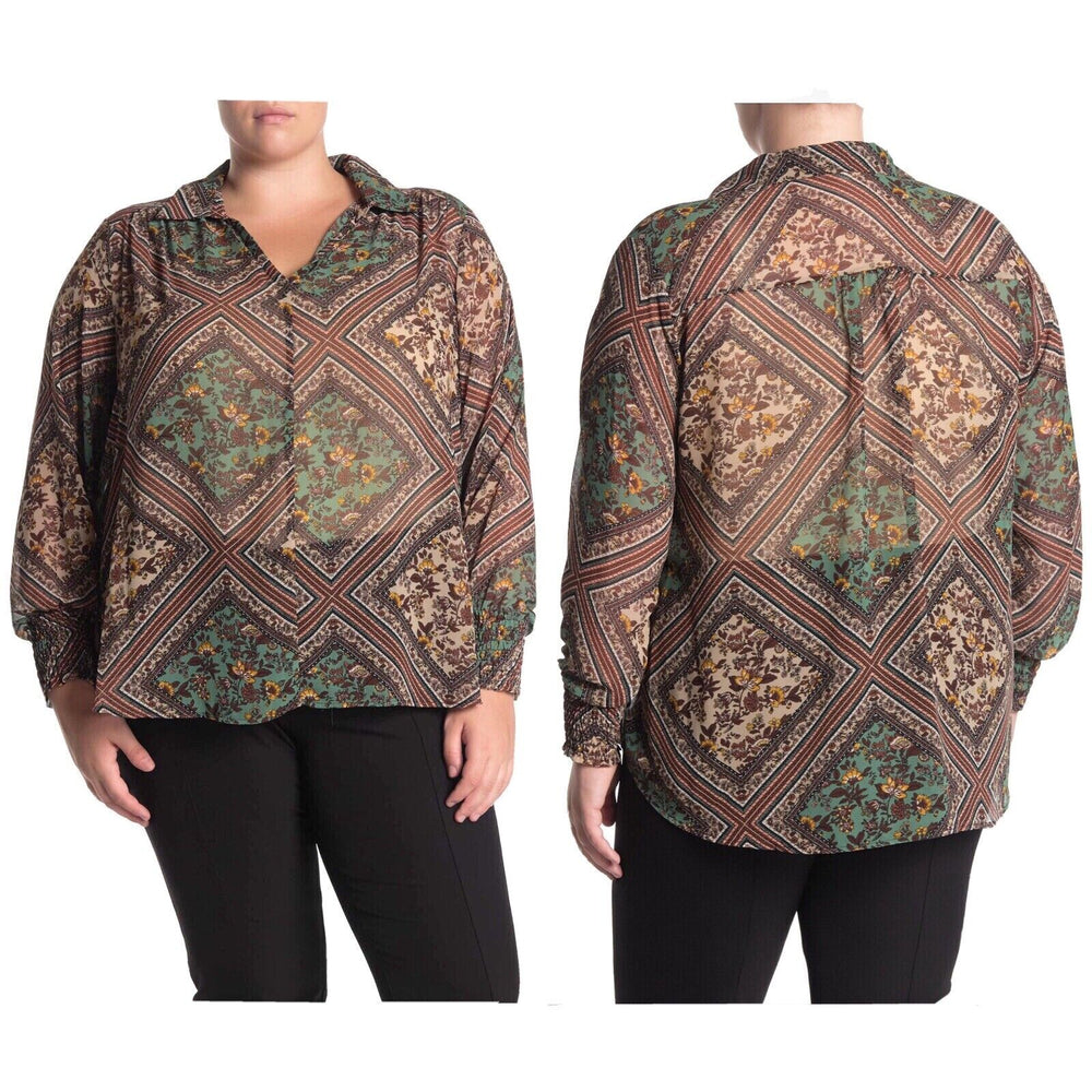 NEW Pleione Blouse Split Neck Smocked Long Sleeve Floral Dusty Mint Patch 2X