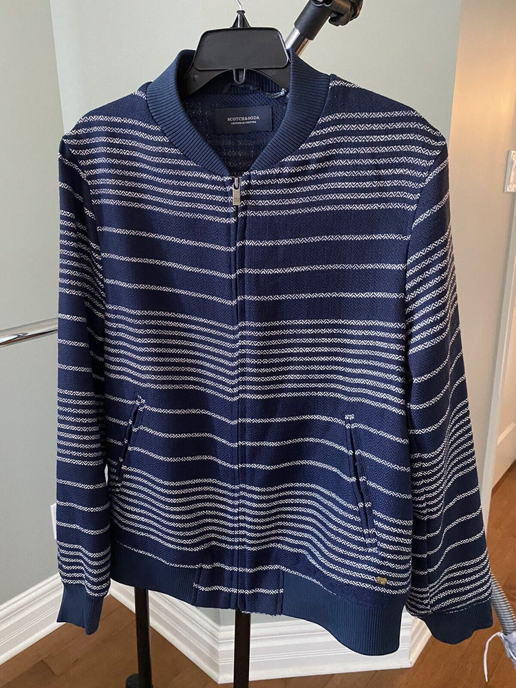 Scotch & Soda Men's Knit Bomber Jacket Full Zip 148697 Navy White Size L $319