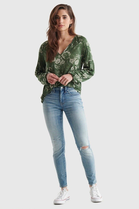 Lucky Brand Split Neck Puff Sleeve Peasant Top Blouse Floral Print Green Size S