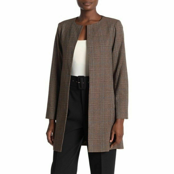 Amanda + Chelsea Brown Plaid Longline Open Front Topper Jacket Size M $180