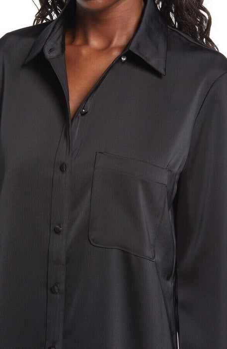 WAYF Hiedi Long Sleeve Shift Shirtdress In Black Satin Size M