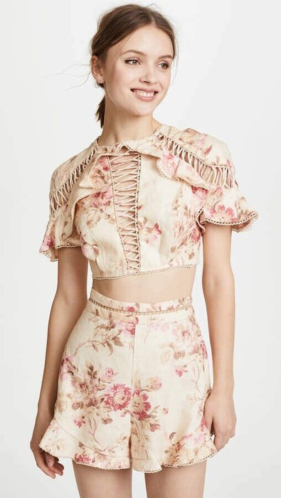 Zimmermann Corsair Flutter Lace Up Crop Top In Cream Floral Size 1 (US 6)