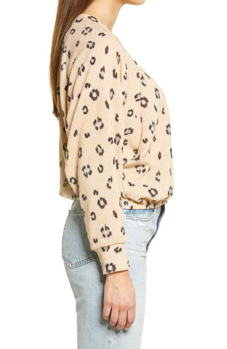 ALL IN FAVOR Animal Print Raglan Sleeve Top In Cream Animal Size S Made In USA