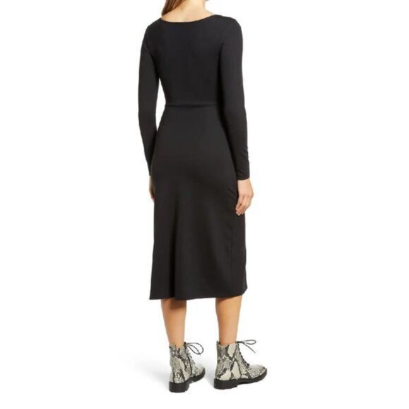 Leith Women's Long Sleeve Side Slit Midi Dress Scoop Neck A-Line Black Size M