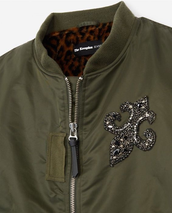 The Kooples Women Bomber With Fleur-De-Lis Embroidery In Khaki Green Size 3 $450