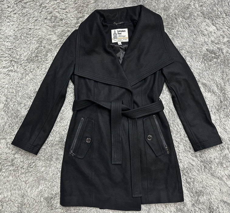 London Fog  Wool-Blend Envelope Collar Belted Coat size S in black