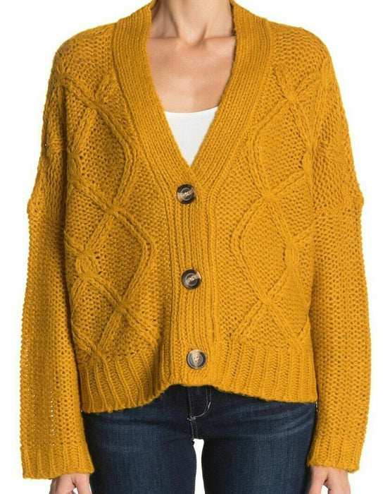 RDI women's Cozy Fisherman Cable Knit Cardigan Button Front Gold Yellow size S