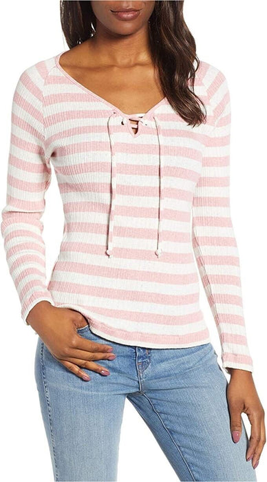 Lucky Brand Women's Lace Up Henley Top In Pink White Stripe Size M
