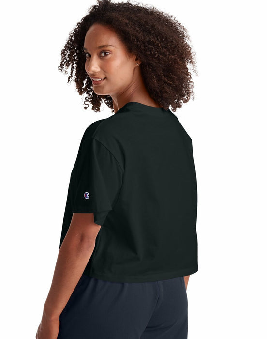 Champion Women's The Cropped Graphic Logo Tee Black Pink Size Large