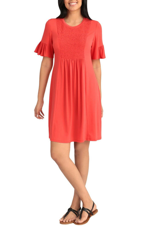 London Times Jersey Smocked Short Sleeve Baby Doll Dress In Coral Size 4 $118