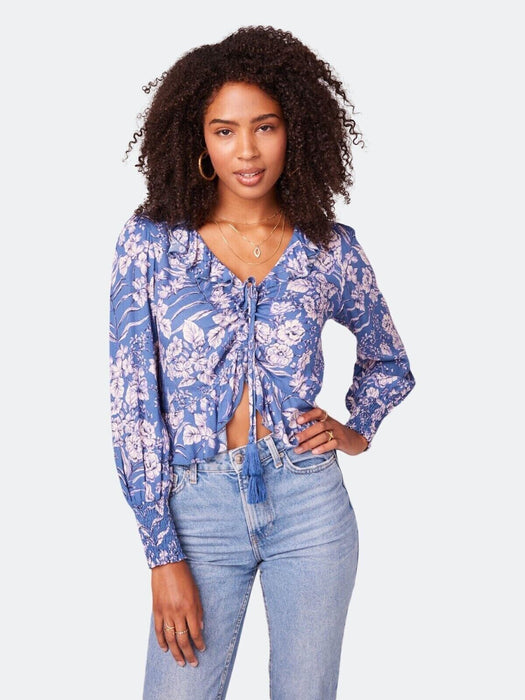 BAND OF GYPSIES B.o.g. front tie Amethyst Floral Drawstring Top Blue S $79