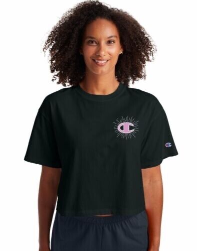 Champion Women's The Cropped Graphic Logo Tee Black Pink Size Large