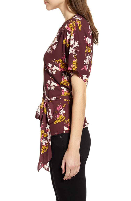 CHELSEA28 Wrap Style Belted floral blouse  in Red size small in burgundy $69