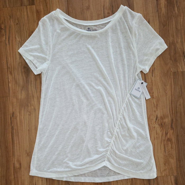 Susina Women's Ruched Burnout T-Shirt Round Neck In White Snow Size S