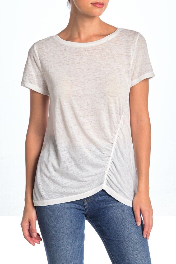 Susina Women's Ruched Burnout T-Shirt Round Neck In White Snow Size S