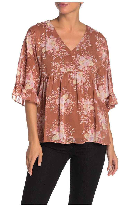 DR2 By Daniel Rainn Chiffon Babydoll Blouse Brown Floral Print Size XS