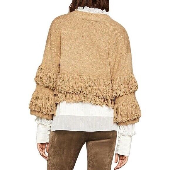 BCBGMAXAZRIA Fringe-Trimmed Cropped Cardigan Camel Size L $260