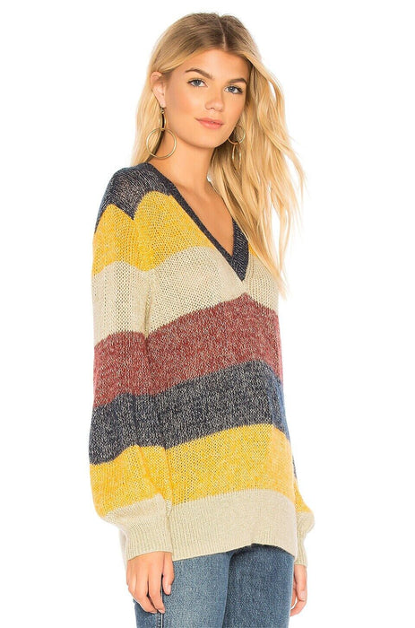 BCBGMAXAZRIA Mohair V-Neck Pullover In Striped Metallic Port Combo Size XXS