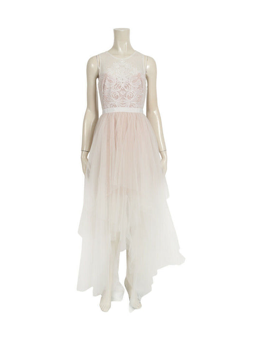 BCBGMAXAZRIA Riese Long Tulle Tiered Lace Gown Dress In Off White Size 6 $600