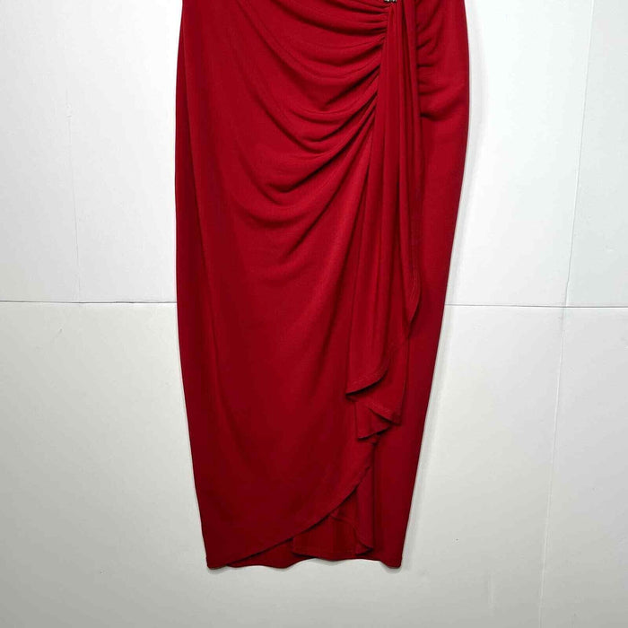 London Times Stretch Shirred Ruched Rhinestone Brooch Dress Cranberry Red Size 2