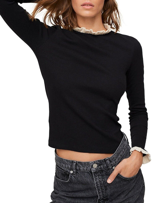 Mango Women's Size S Knit Knit Pullover Sweater, Ruffle Trim black, NwT
