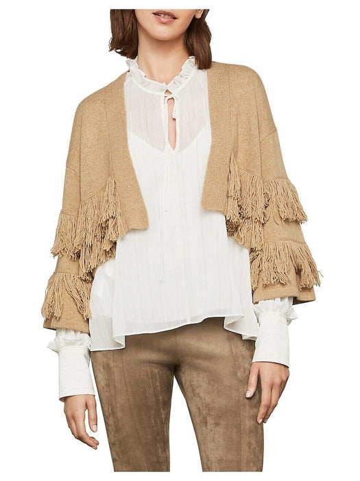 BCBGMAXAZRIA Women's Fringe Trimmed Cropped Cardigan In Camel Brown Size M $260
