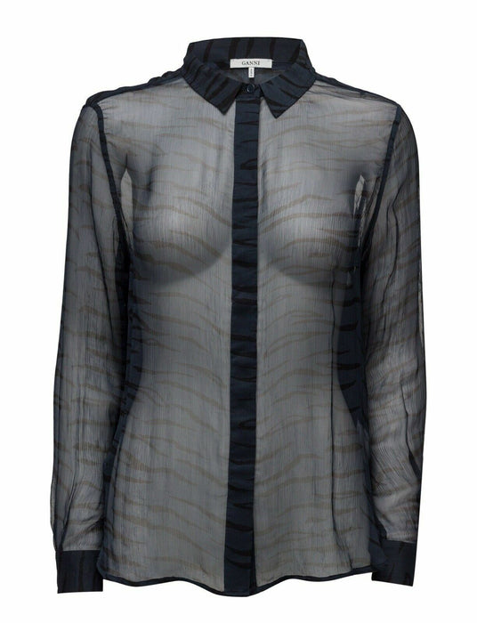 Ganni Zebra Print Chiffon Shirt Blouse Collar Buttons Up Navy Size 36 4 US