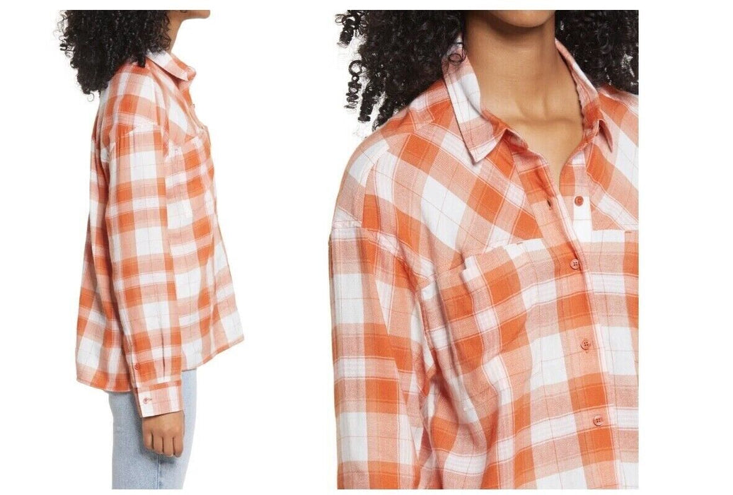 BP. Women's High/Low Bill Plaid Button-Up Shirt in Rust-Ivory Orange Size XS